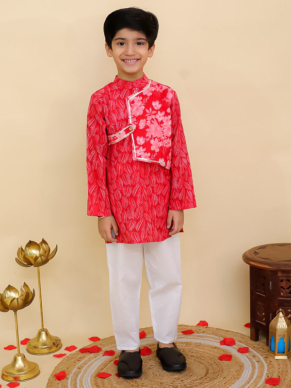 Cotton Leaf Printed Kurta Pyjama Set Full sleeves Kurta Pajama Set For Boys - Picture 20 of 27