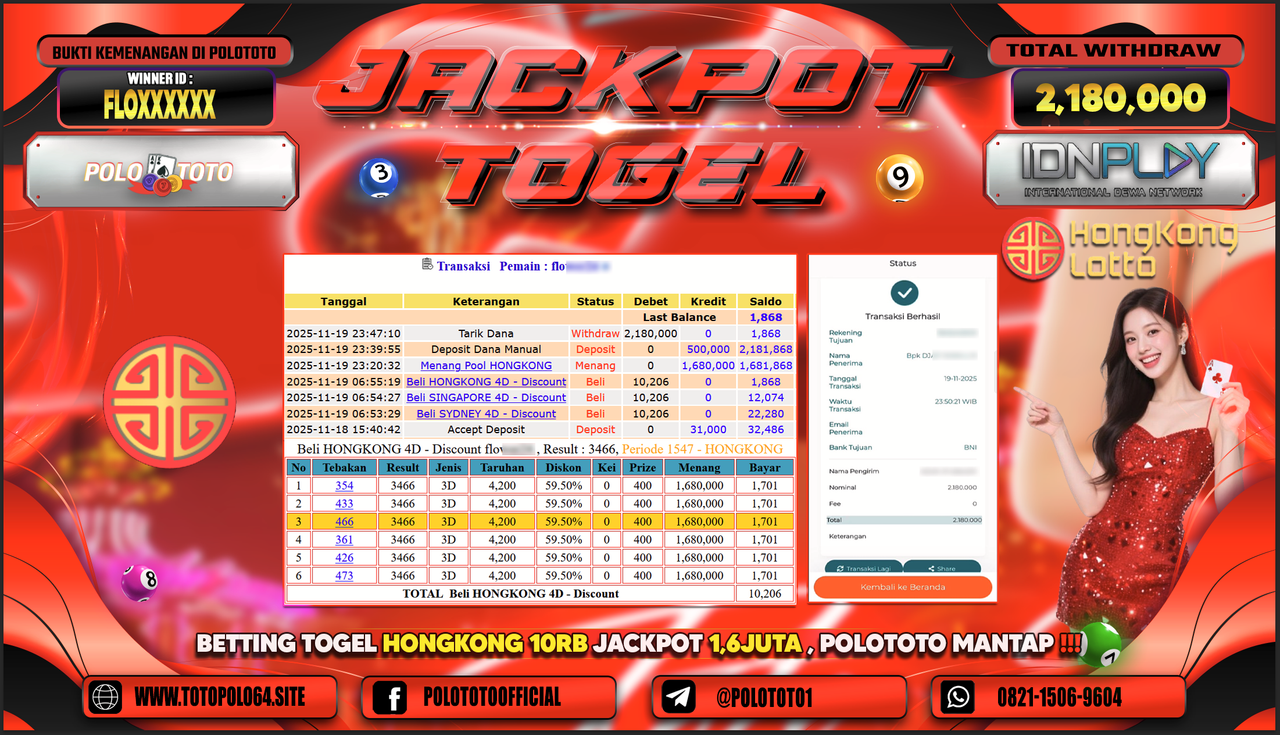 POLOTOTO JACKPOT TOGEL MENANG HONGKONG LOTTO Rp.2.180.000,- LUNAS
