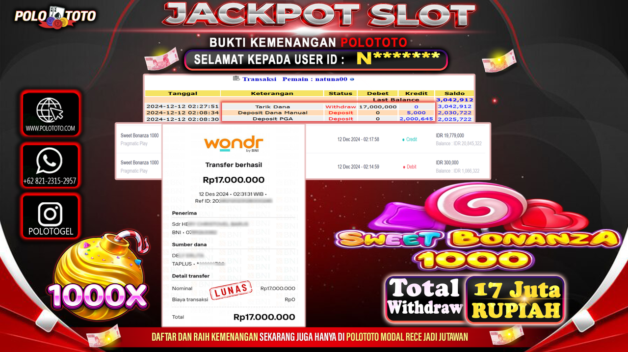 POLOTOTO JACKPOT SLOT SWEET BONANZA 1000 Rp.17,000.000,-