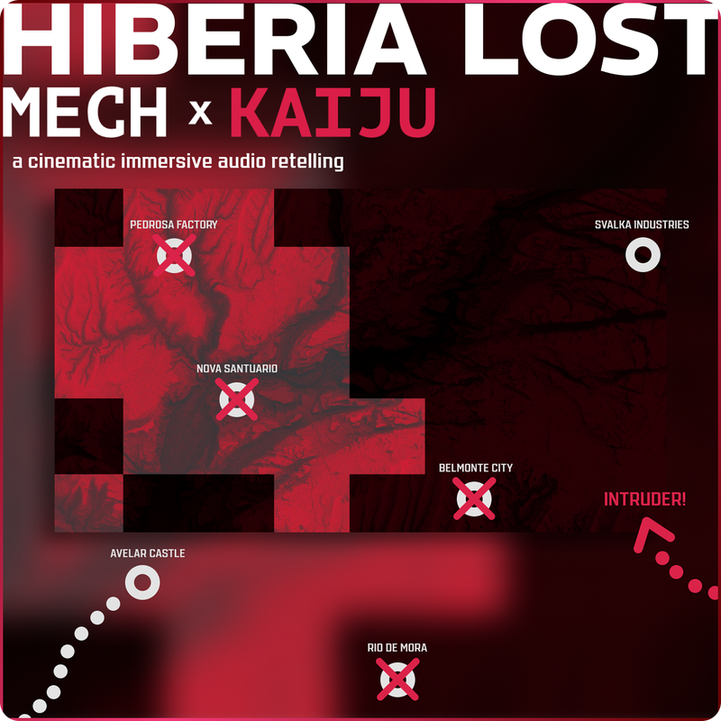 A high-contrast red and black thumbnail for Hiberia Lost Mech x Kaiju featuring a tactical map with several marked locations and an intruder warning.