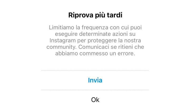 Screenshot errore riprova più tardi blocco azioni Instagram
