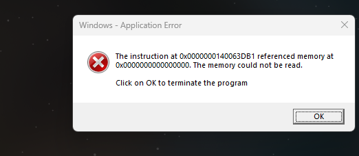 Referenced memory error – the memory could not be read