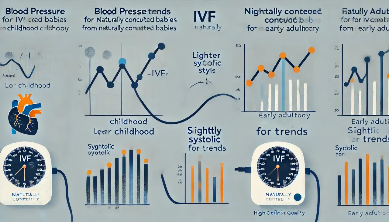 Line graph showing age-specific blood pressure trends for IVF vs naturally conceived babies, with differences in childhood and early adulthood.