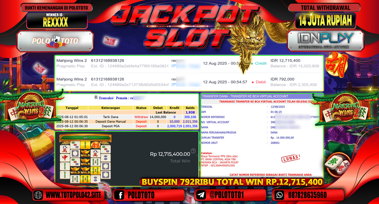 POLOTOTO JACKPOT SLOT MAHJONG WINS 2 Rp.14.000.000,-LUNAS