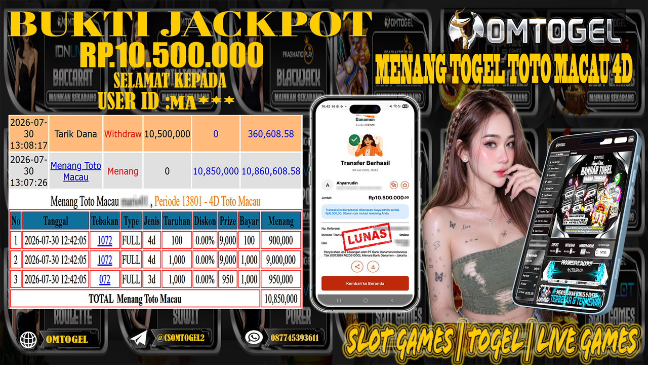 OMTOGEL JACKPOT MENANG TOGEL TOTO MACAO 4D  Rp,10,500,000,- DIBAYAR LUNAS