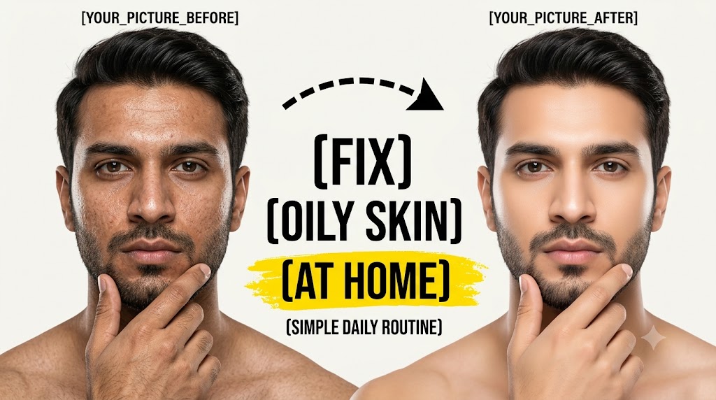 AI-generated example result for the youtube-thumbnail prompt: Fix Oily Skin At Home Thumbnail – Before & After Skincare Routine Design AI YouTube Thumbnail Prompt