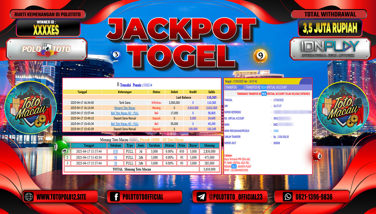 POLOTOTO JACKPOT TOGEL TOTOMACAU 4D Rp.3.500.000,-