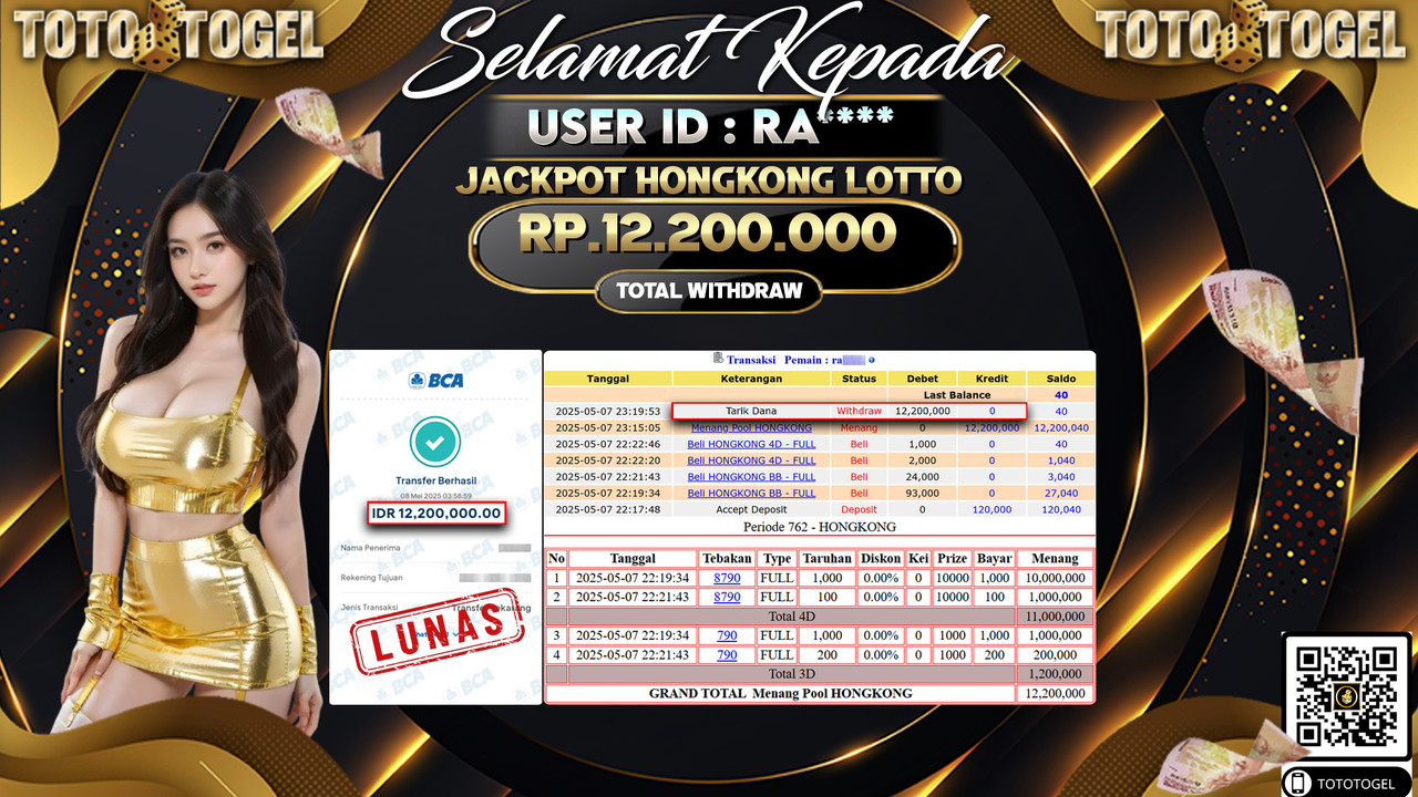 Bukti Pembayaran Jackpot  Permainan Togel Pools Hongkong Lotto ID:RA***** LUNAS