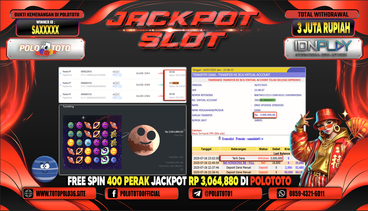 POLOTOTO JACKPOT SLOT LUCKY NEKO Rp.3.000.000,-LUNAS