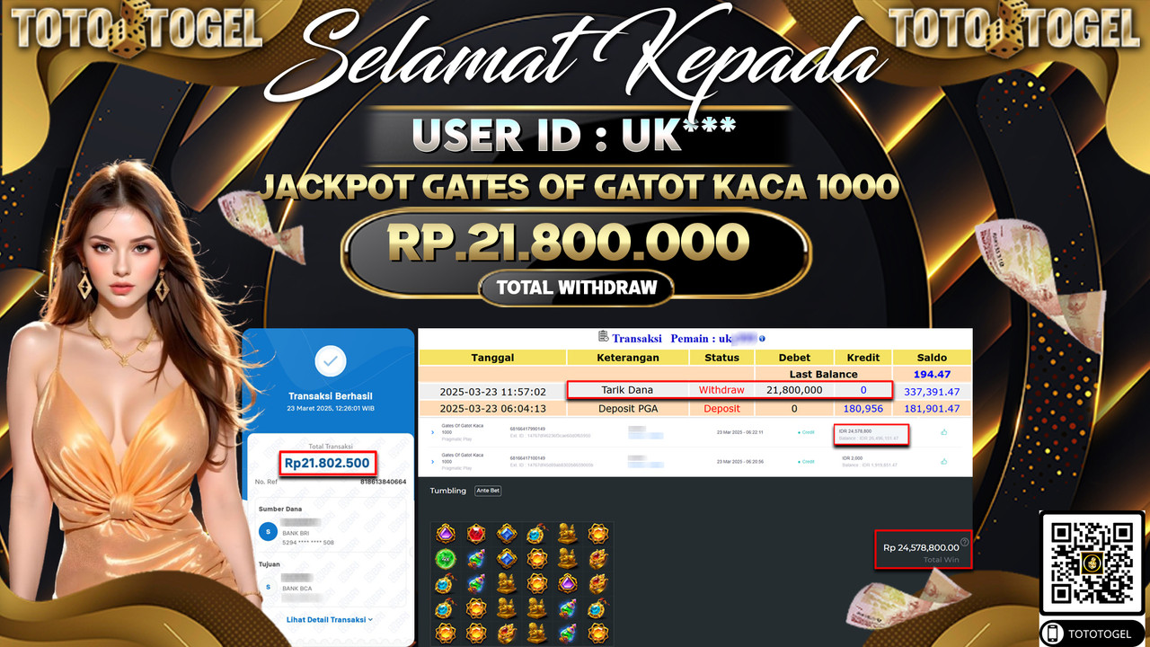 Bukti Pembayaran Jackpot  Permainan Slot Gates Of Gatot Kaca 1000 ID:UK**** LUNAS