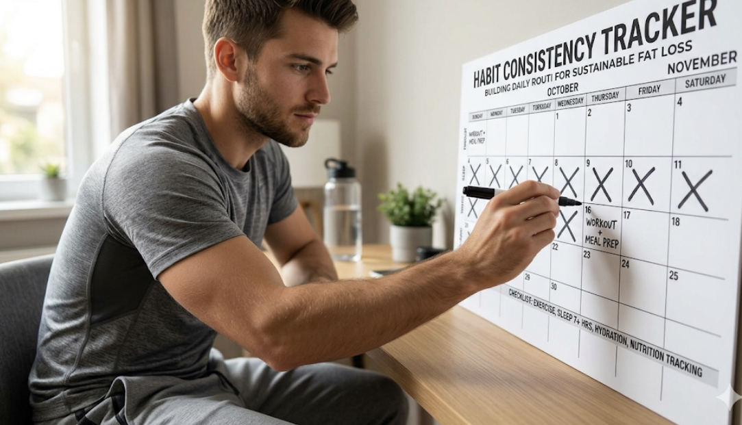 Person checking off completed habits on a wall calendar with a marker, representing consistency in daily habits for sustainable fat loss and long term fat loss strategies