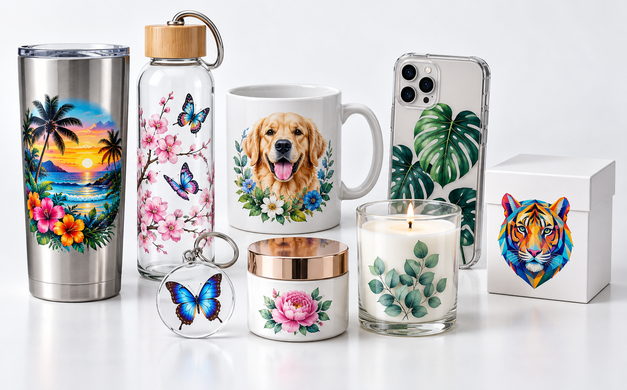UV DTF transfers applied to tumblers, bottles, phone cases and hard surfaces