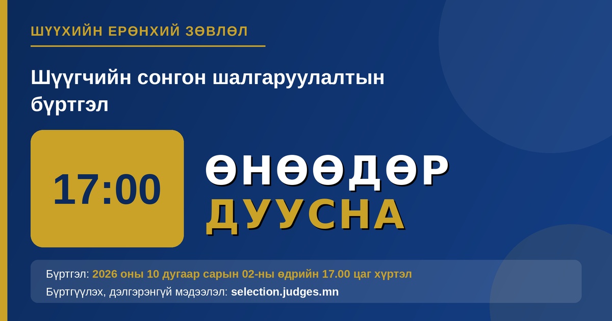 Шүүгчийн сонгон шалгаруулалтын бүртгэл өнөөдөр дуусна