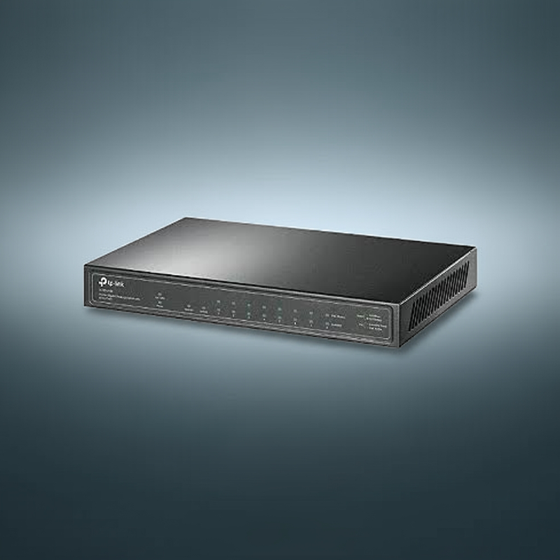 Switch TP-Link TL-SG1210P com um close nas portas PoE, evidenciando os LEDs indicadores.