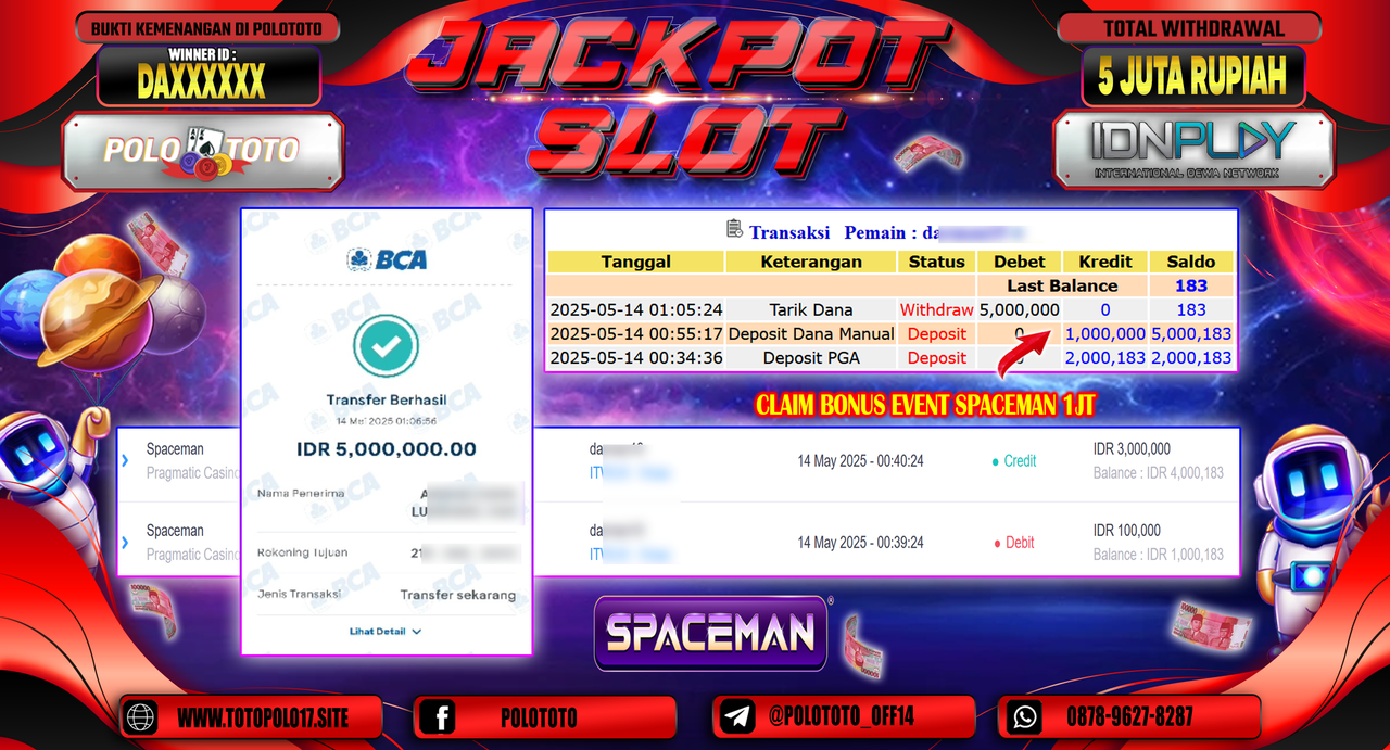 POLOTOTO JACKPOT SLOT SPACEMAN Rp.5.000.000,-