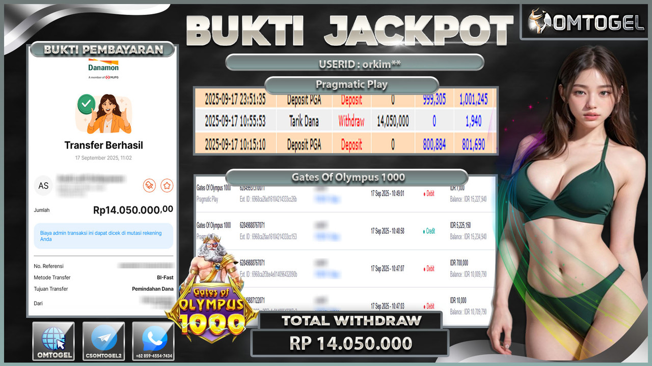 OMTOGEL JACKPOT PRAGMATIC PLAY GATES OF OLYMPUS 1000 14 JUTA DI BAYAR LUNAS ,-