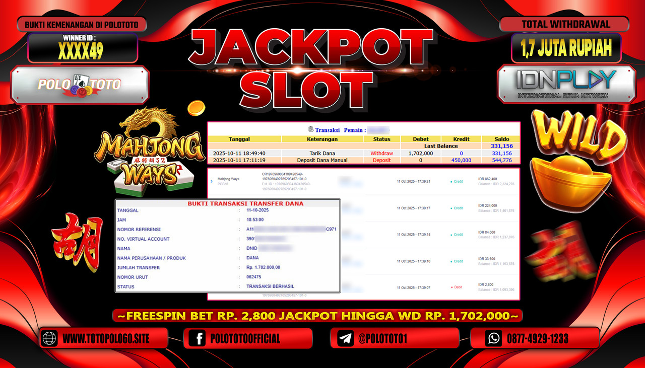 POLOTOTO JACKPOT SLOT MAHJONG WAYS Rp.1.700.000,- LUNAS