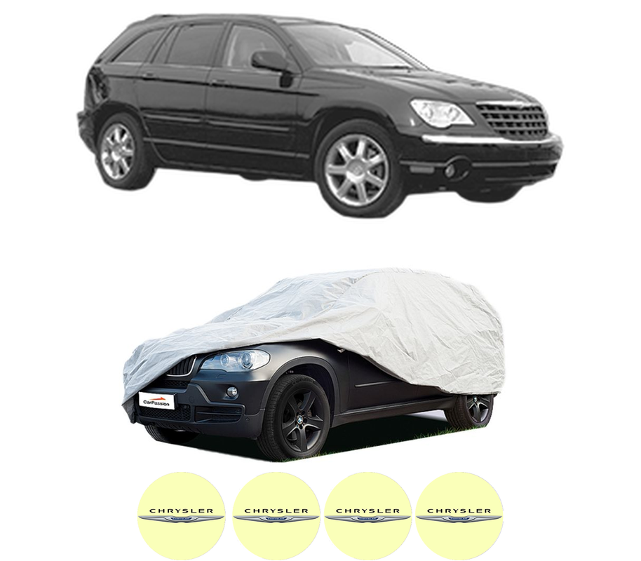 Husa tip prelata auto pentru CHRYSLER PACIFICA din 2003-2008, Culoare Gri, material textil impermeabil, rezistanta la intemperii praf UV, CARPASSION Husa Protectie, 4 Stickere auto cu CHRYSLER