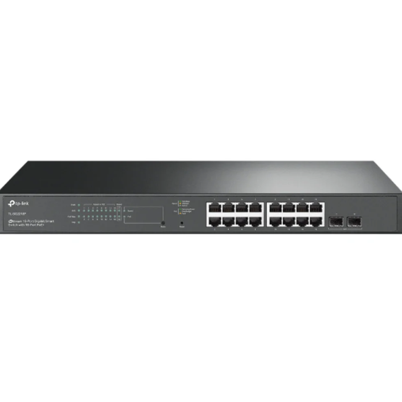 Painel frontal do Switch TP-Link TL-SG2218P mostrando as portas Gigabit e PoE+