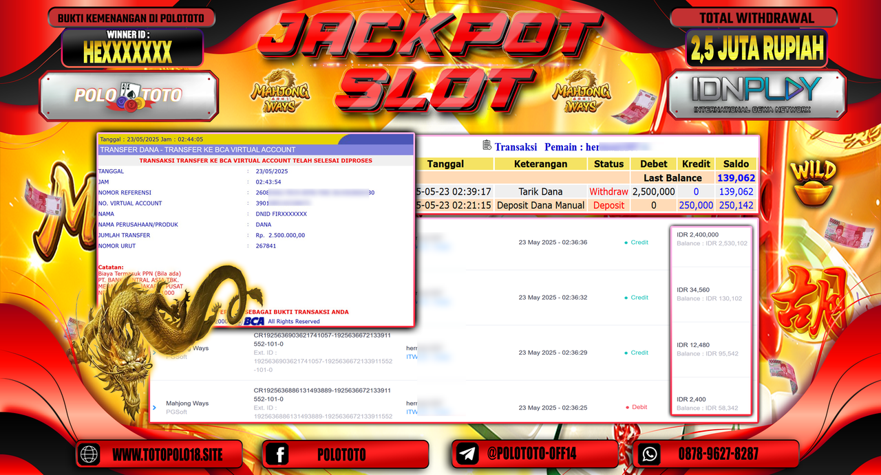 POLOTOTO JACKPOT SLOT MAHJONG WAYS Rp.2.500.000,-
