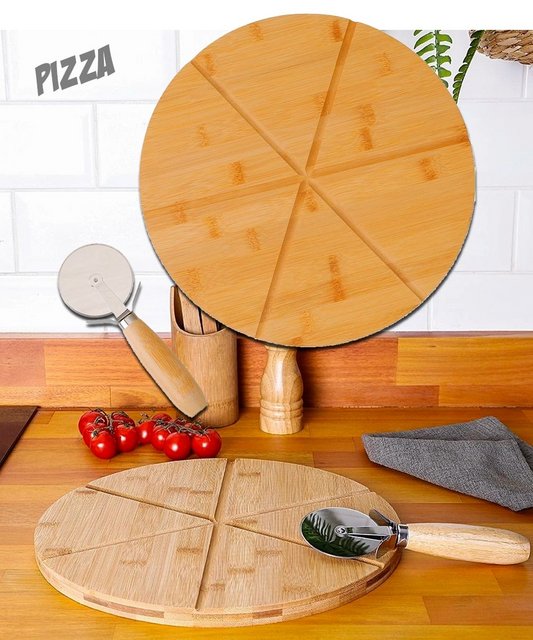 Tábua para Pizza em Bambu + Cortador de Pizza La Cuisine