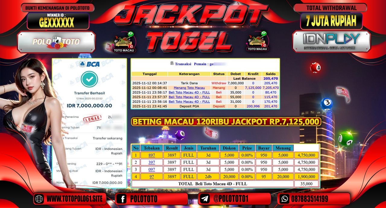 POLOTOTO JACKPOT TOGEL MENANG TOTO MACAU Rp.7.000.000,- LUNAS