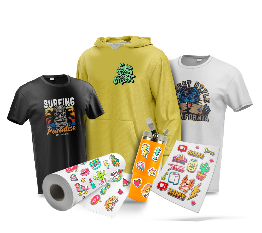 Conjunto de itens impressos com DTF Têxtil e DTF UV, incluindo rolo de filme, camisetas e boné para personalização.