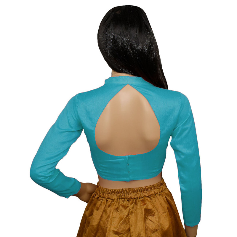 Women's Designer Sari Blouse Dupion Silk Collor Neck Long Sleeve Crop Top Choli - Picture 61 of 82