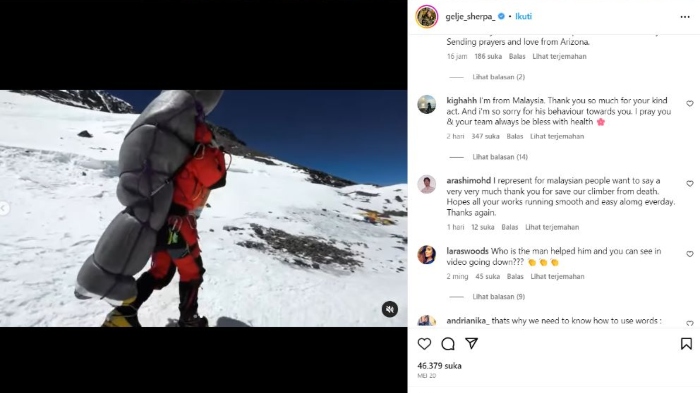 Seorang Sherpa bernama Gelje belum lama ini menyelamatkan seorang pendaki asal Malaysia yang menggigil di dekat