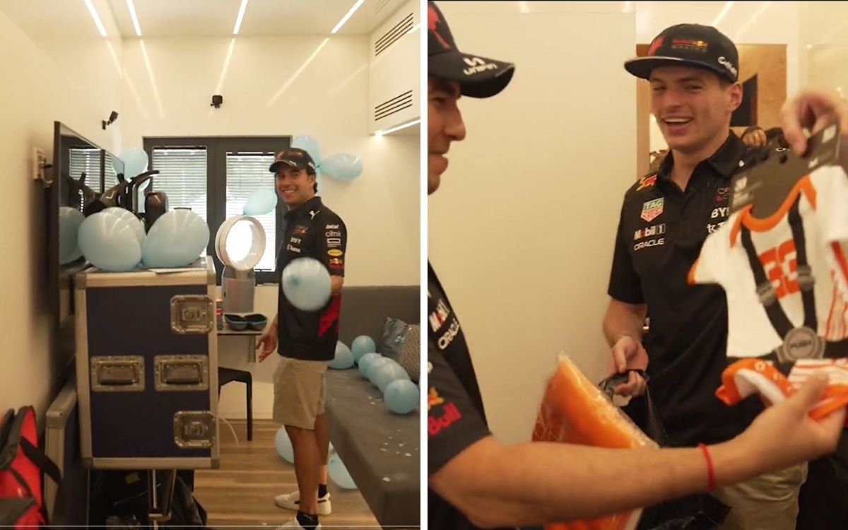 Red Bull hace Baby Shower a Checo Pérez y Verstappen entrega los regalos