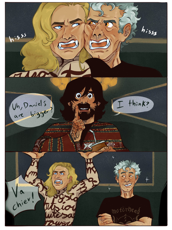 Fanart by maki of Daniel and Lestat comparing their fangs while Salamander reluctantly decides Daniel's are bigger, causing Lestat to throw his arms up in outrage.