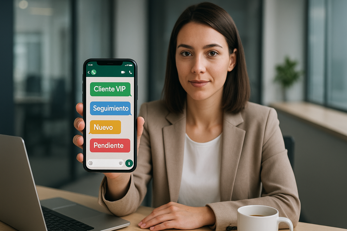 Etiquetas de whatsapp business Empresaria mostrando las etiquetas de whatsapp en su celular