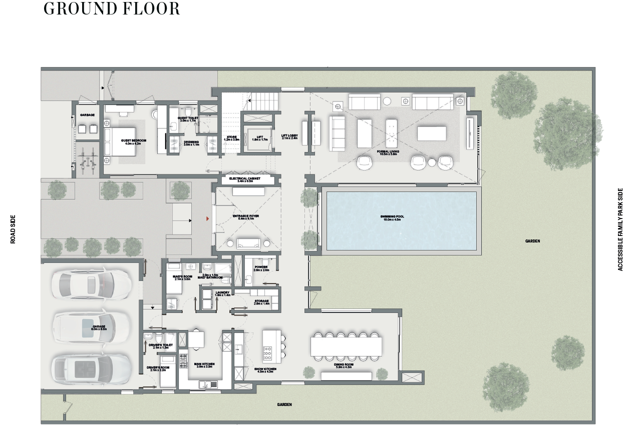 Sobha Hartland II 5-bedroom villa floorplan showing 8,591 square foot built-up area across three storeys with private pool, garden and rooftop terrace configuration — Distress Deal