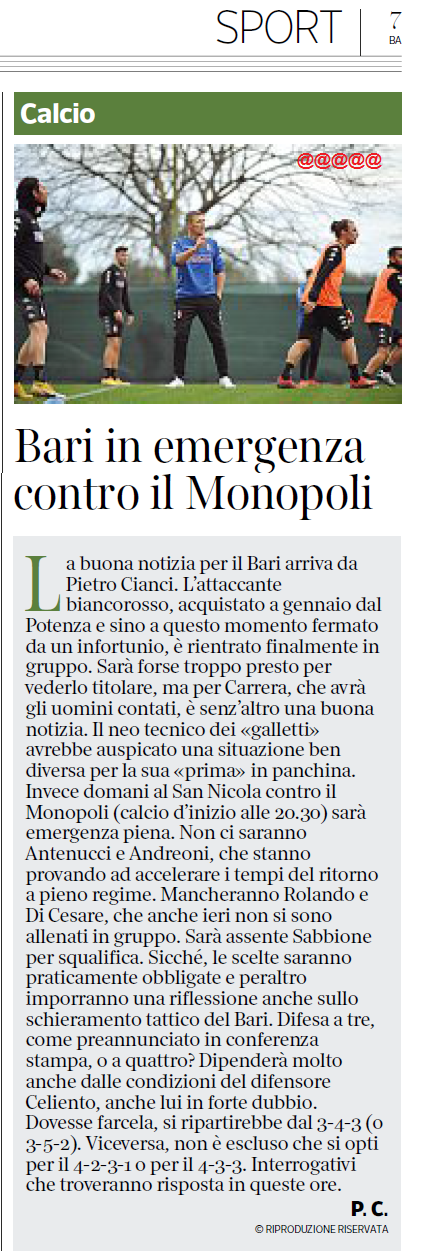 16/02/21 - CdM Bari in emergenza contro il Monopoli Cdm