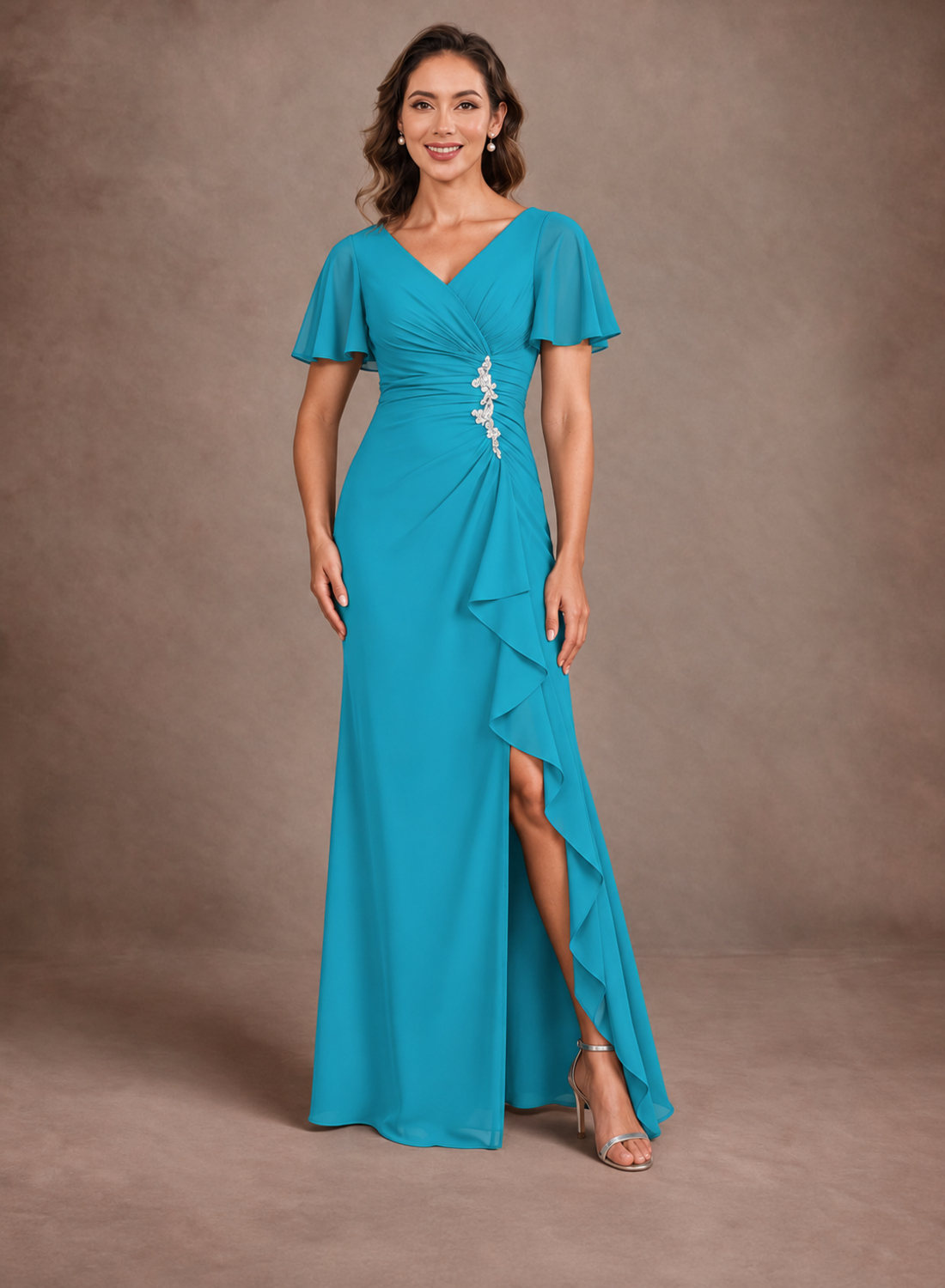 A-Line Chiffon V Neck Pleated Ruffle Mother of the Groom Dress with Zipper Back