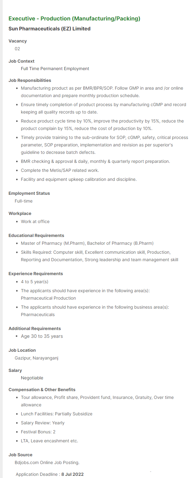 সান ফার্মা বাংলাদেশ নিয়োগ বিজ্ঞপ্তি ২০২২ Sun Pharmaceutical Job Circular 3