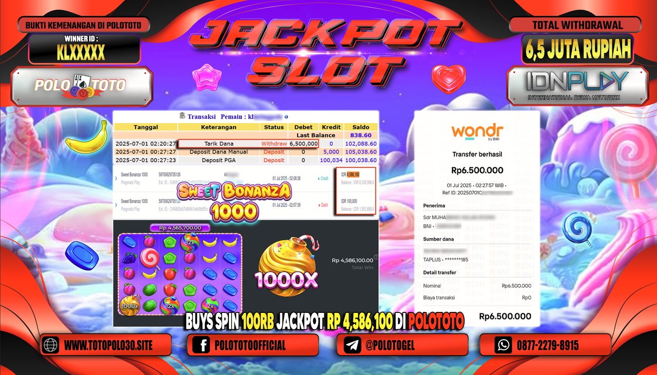 POLOTOTO JACKPOT SLOT SWEET BONANZA 1000 Rp.6.500.000,- LUNAS