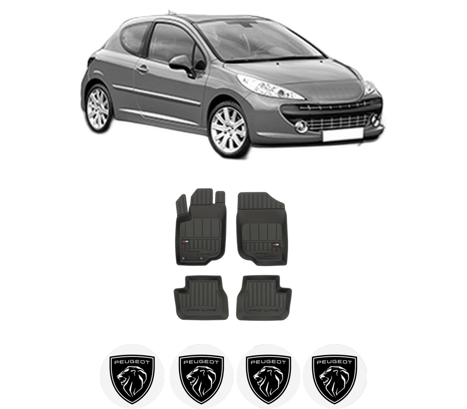 Set covorase presuri PEUGEOT 207 (WA_, WC_) din 2006-2015, auto, din cauciuc thermoplastic, 4 Stickere auto cu PEUGEOT