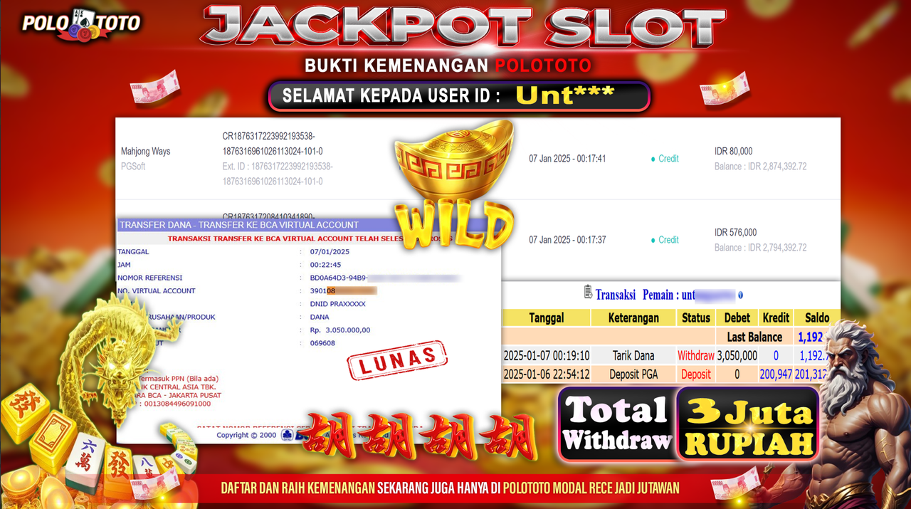 POLOTOTO JACKPOT SLOT MAHJONG WAYS Rp.3,050.000,-