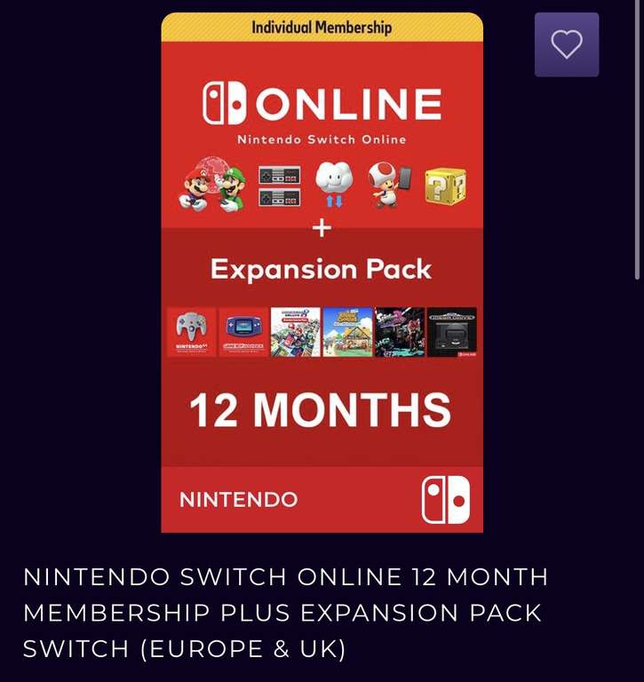 CDKeys: NINTENDO SWITCH ONLINE INDIVIDUAL 12 MESES + PAQUETE DE EXPANSIÓN (EUROPA & UK) 
