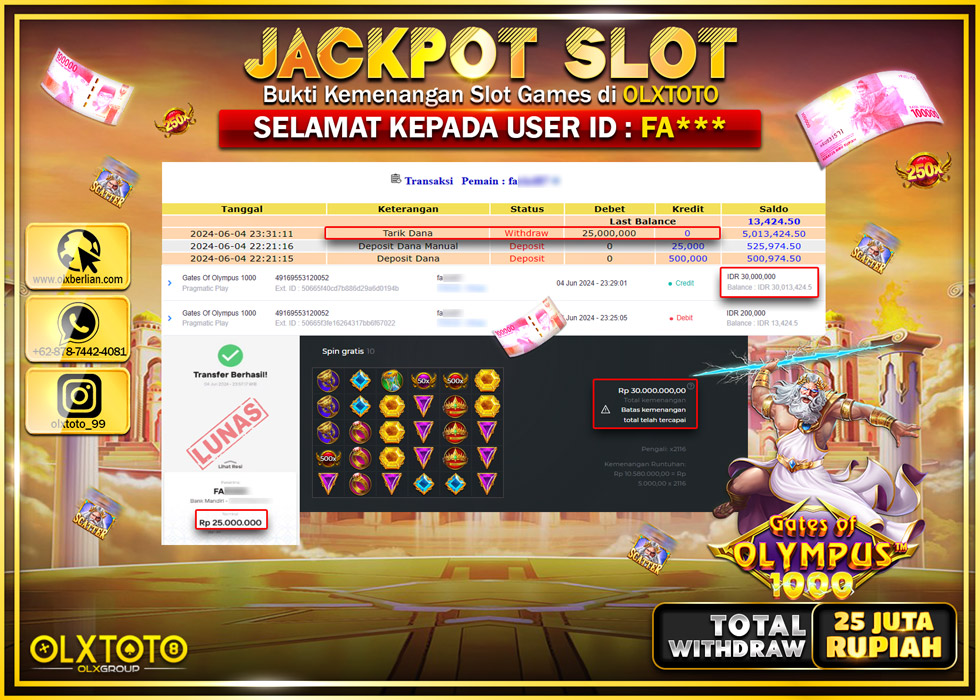 OLXTOTO JACKPOT SLOT GATES OF OLYMPUS 1000  Rp.25.000.000.,- LUNAS