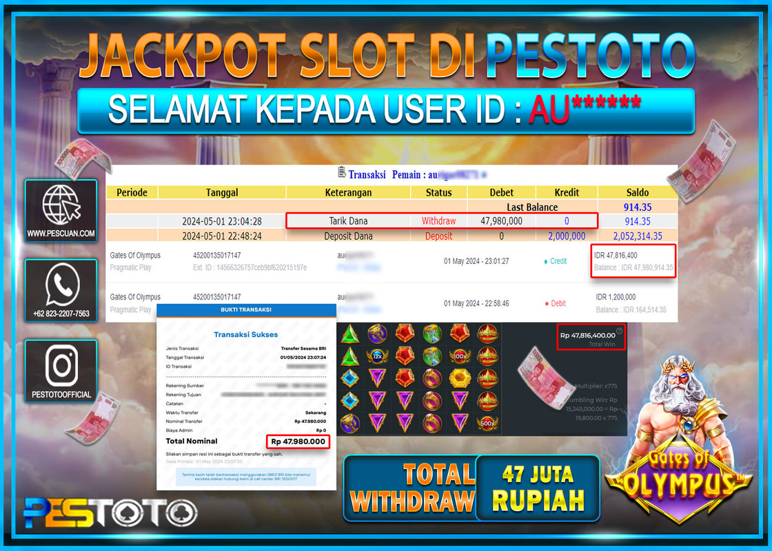 HANYA DI PESTOTO JP PASTI DI BAYAR LUNAS DAN CEPAT!!!!!! JP SLOT{ GATES OF OLYMPUS } Rp.47.980.000 !!!!!