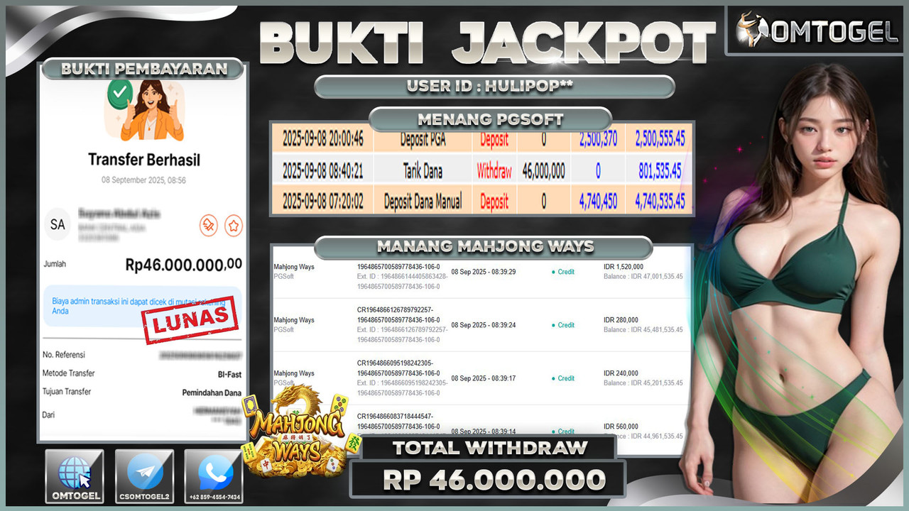 OMTOGEL JACKPOT PGSOFT MAHJONG WAYS 46 JUTA DI BAYAR LUNAS ,-