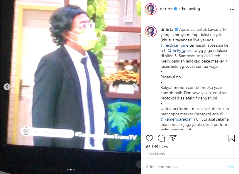 Unggahan dr Tirta yang memberi apresiasi ke Sule dan Melly Goeslaw