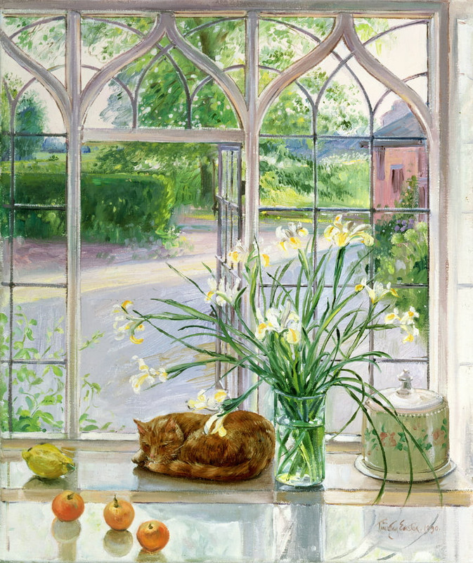 Timothy-Easton-Irises-and-Sleeping-Cat-1990-Meister-Drucke-194986