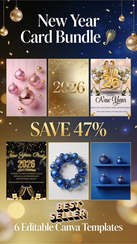 New Year Card Bundle 🎆 Save 47% – 6 Editable Designs