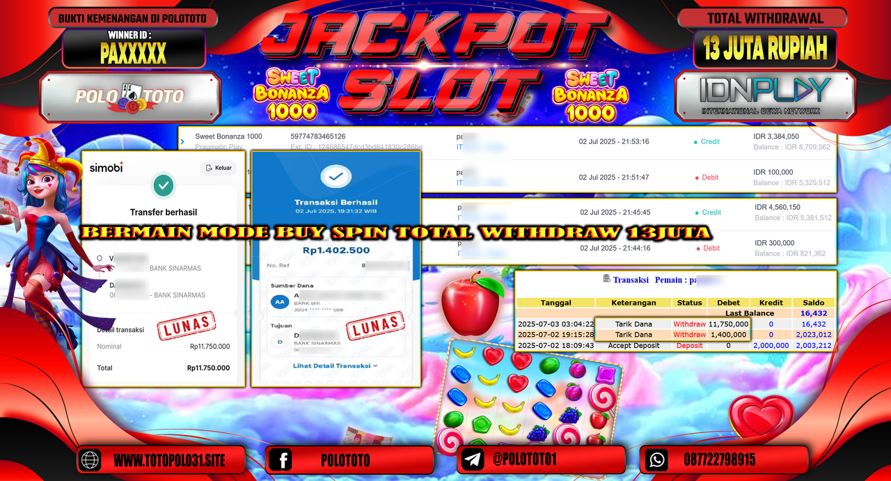 POLOTOTO JACKPOT SLOT SWEET BONANZA 1000 Rp.13.000.000,-