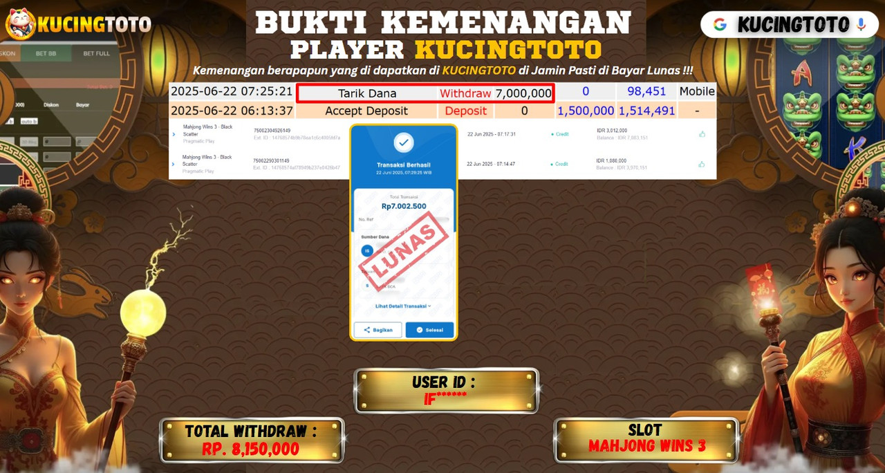KUCINGTOTO JACKPOT SLOT MAHJONG WINS 3 RP.7.000.000.,- LUNAS