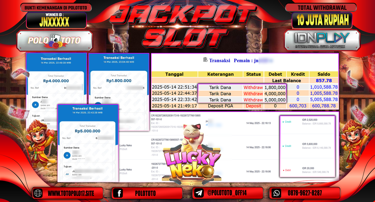 POLOTOTO JACKPOT SLOT LUCKY NEKO Rp.10.800.000,-