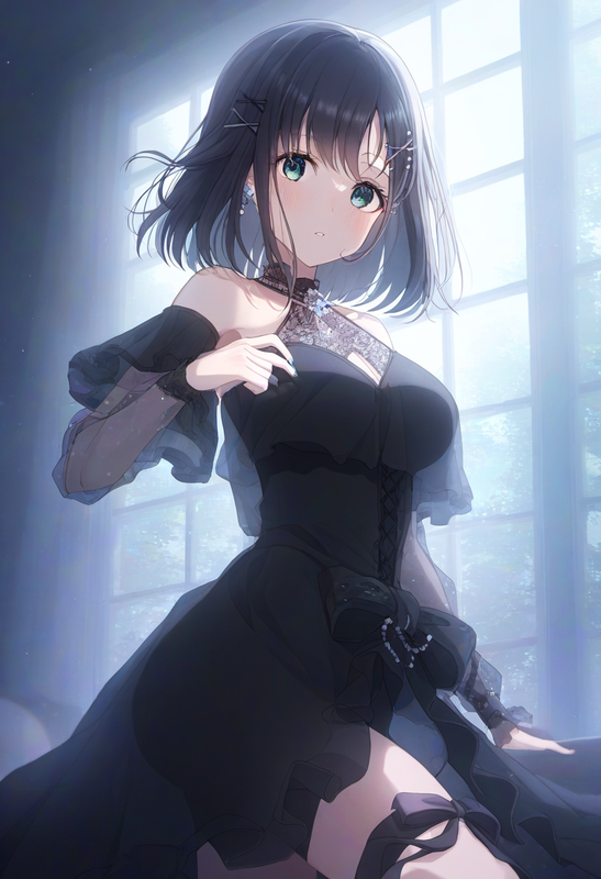 1girl, {{touyoko momoko (saki)}}, black hair, green eyes, leg warmers, leg ribbo s-4255744342